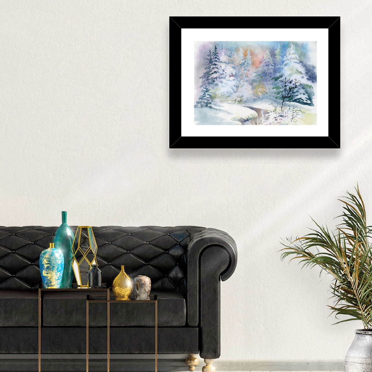 Winding Winter Stream Watercolor Wall Art in a room, landscape