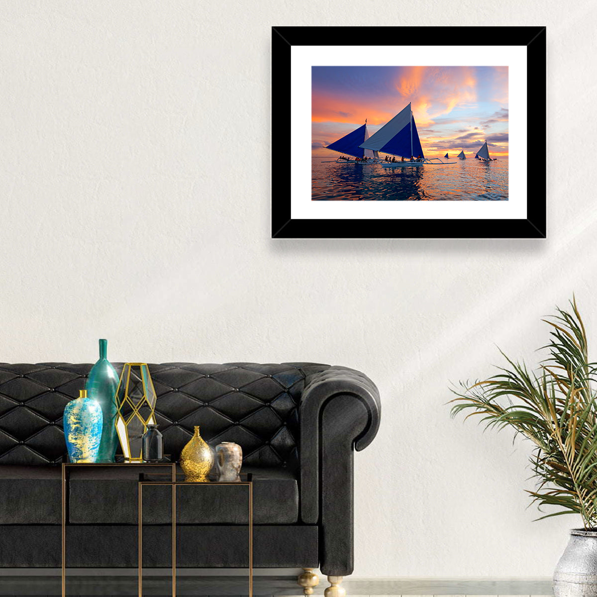 Outrigger Sailboats at Sunset Wall Art