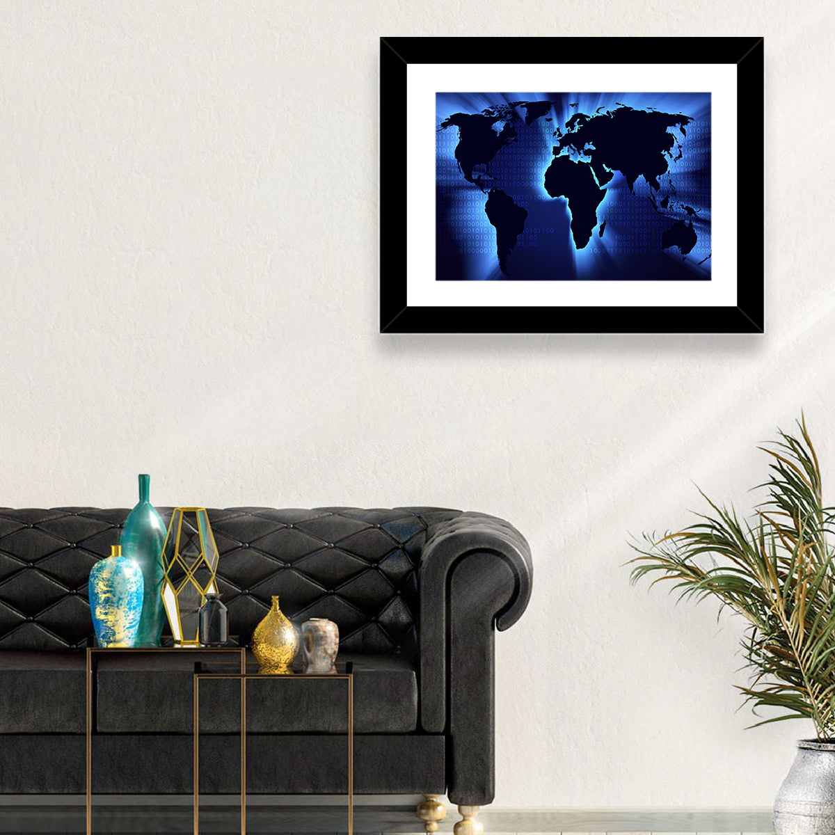 Glowing Digital World Map Wall Art in a room, landscape