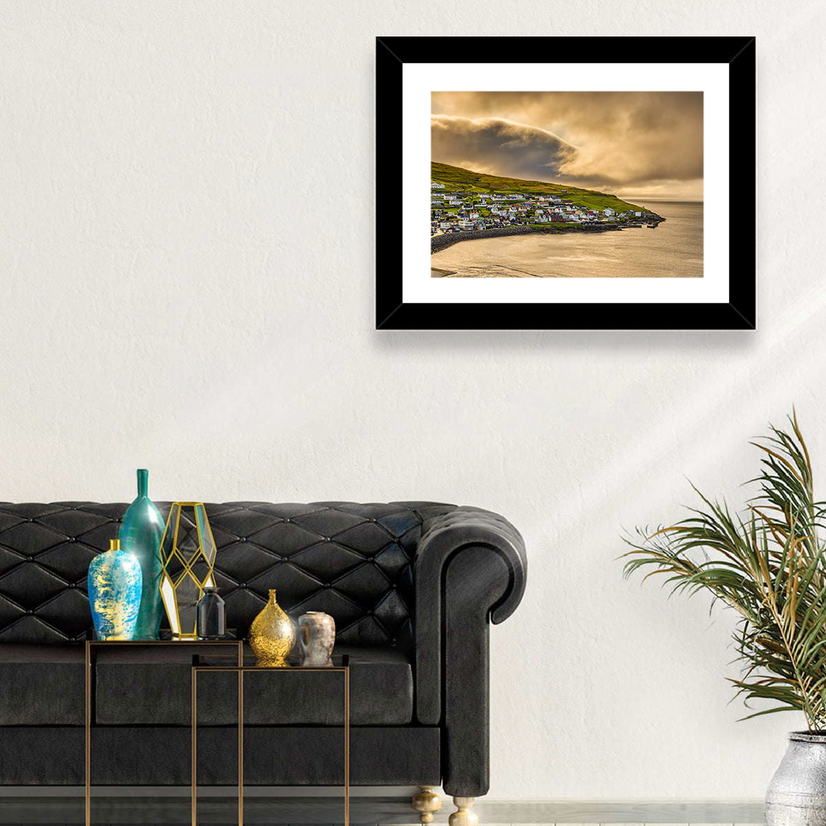 Coastal Village at Golden Hour Wall Art in a room, landscape