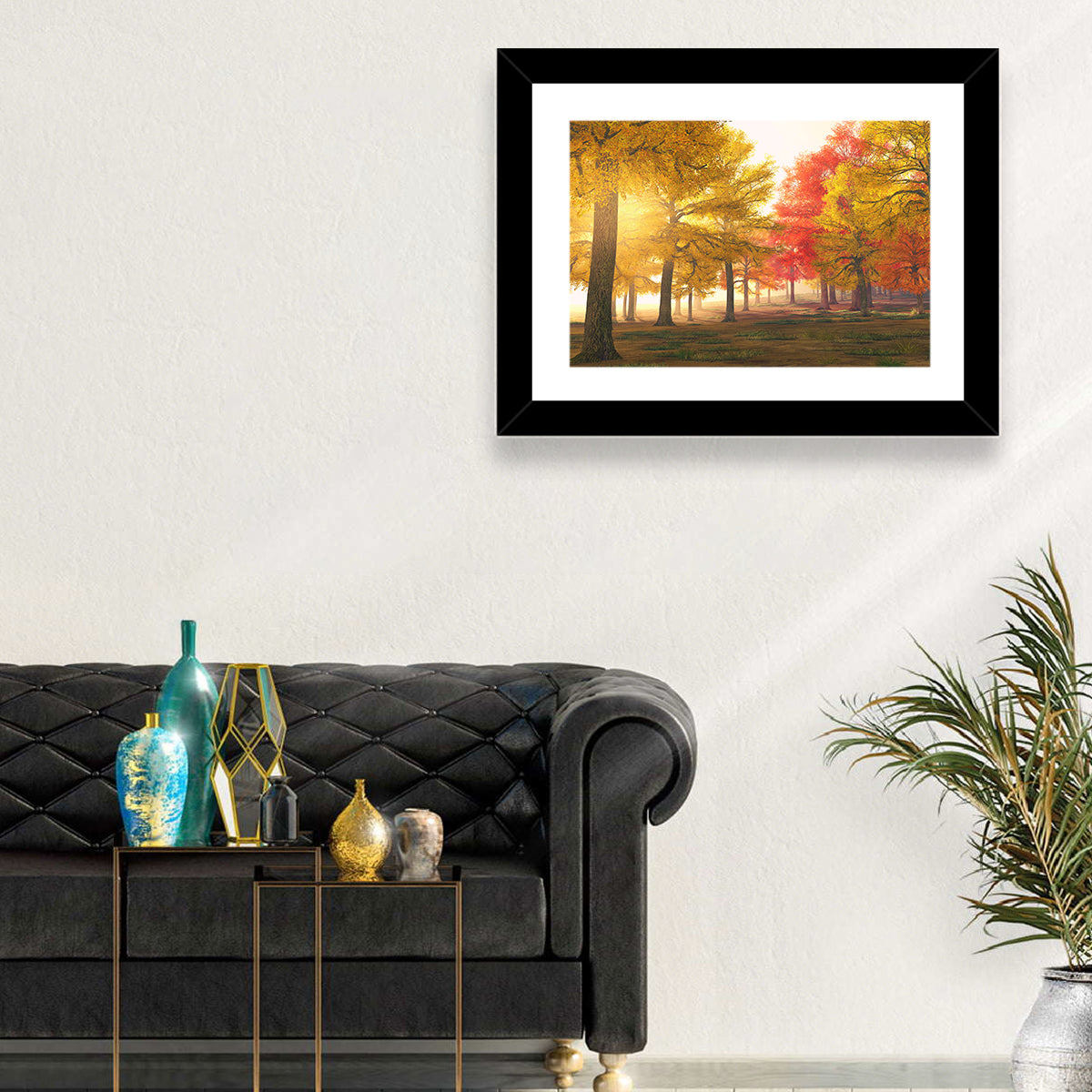 Foggy Autumn Forest Wall Art in a room, landscape