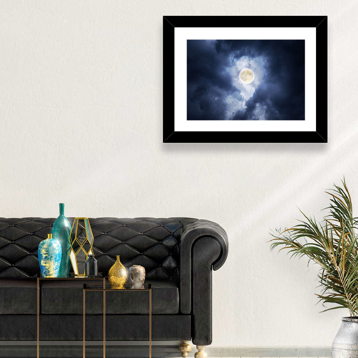 Supermoon Through Storm Clouds Wall Art in a room, landscape