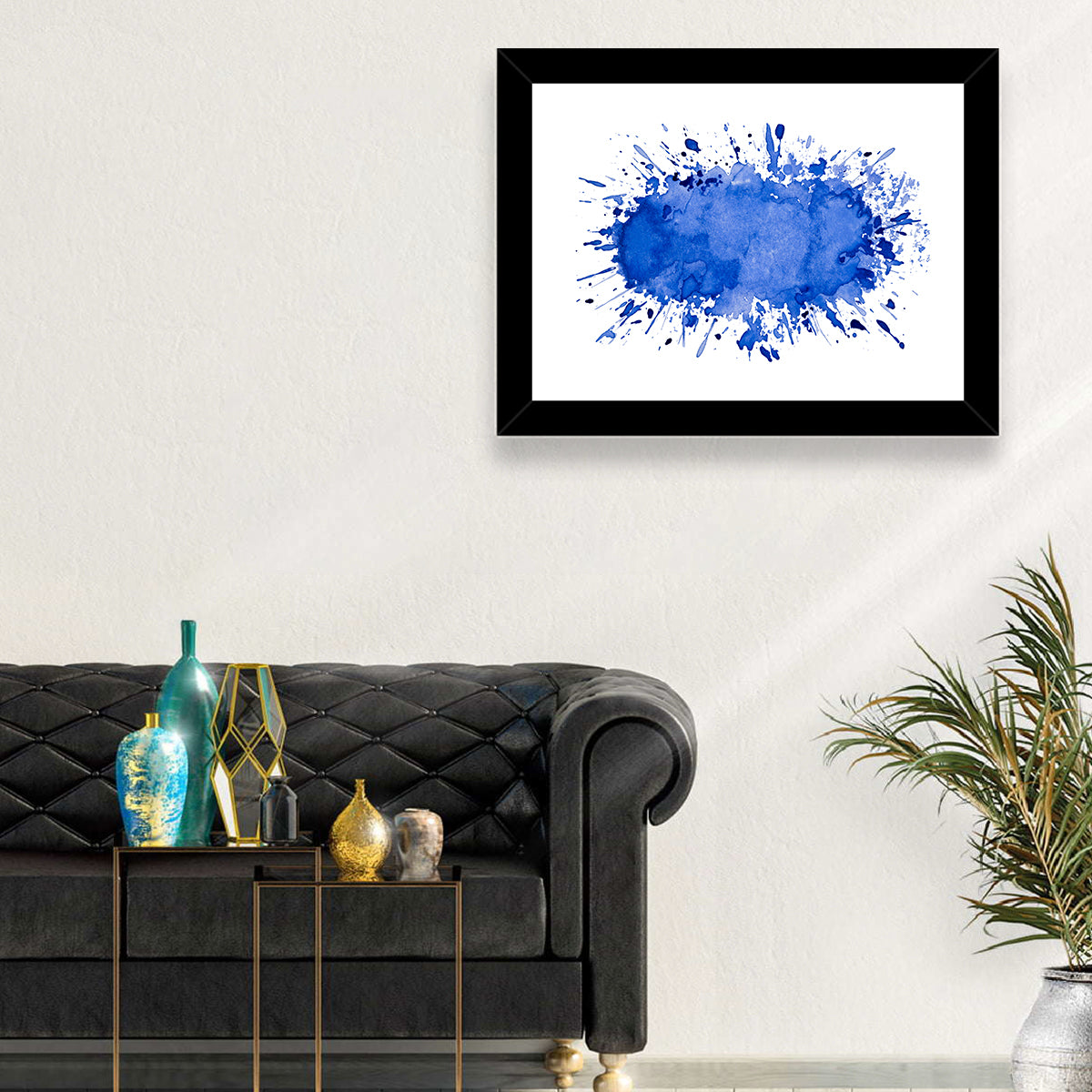 Blue Ink Splash Wall Art in a room, landscape