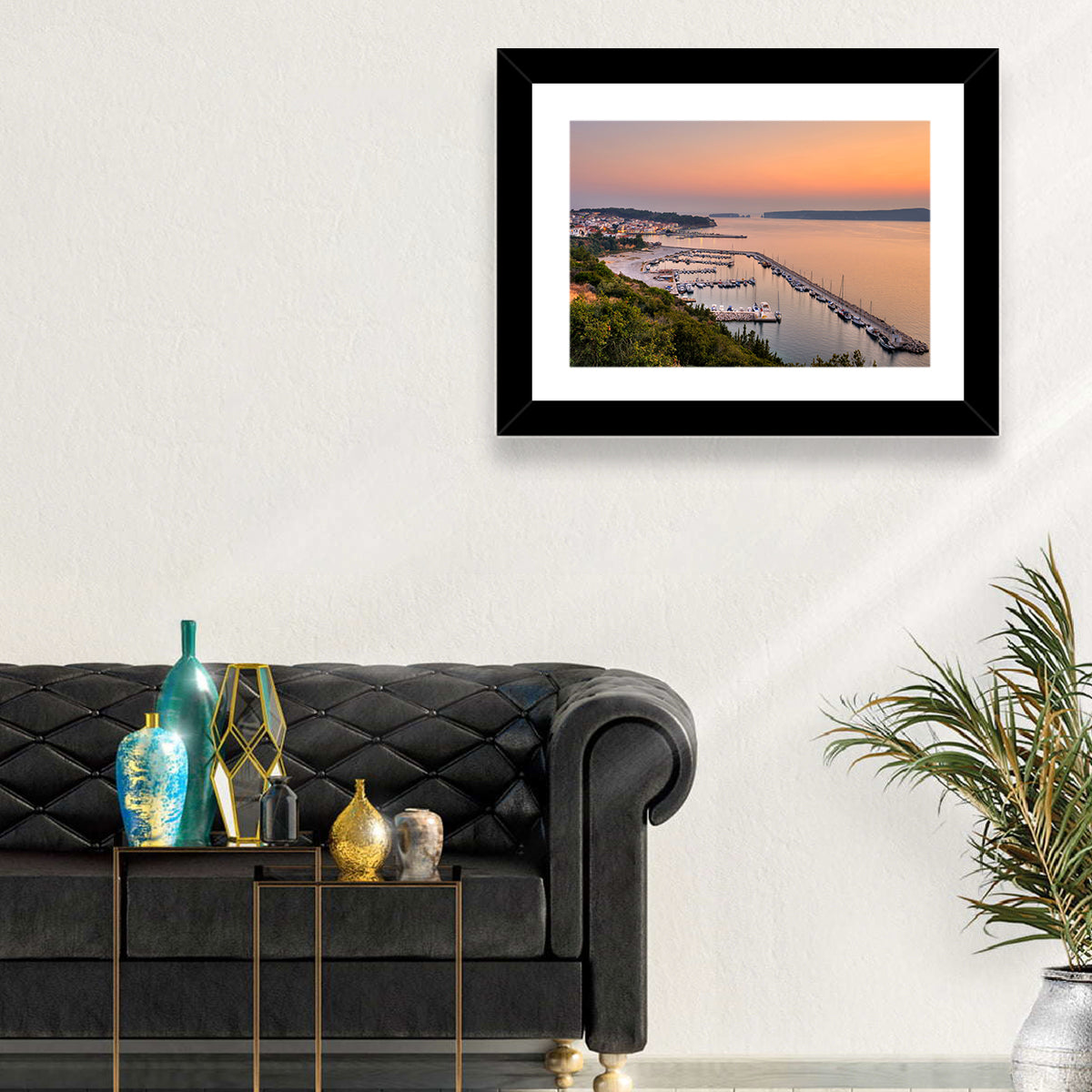 Pylos Harbor Lighthouse Sunset Wall Art in a room, landscape