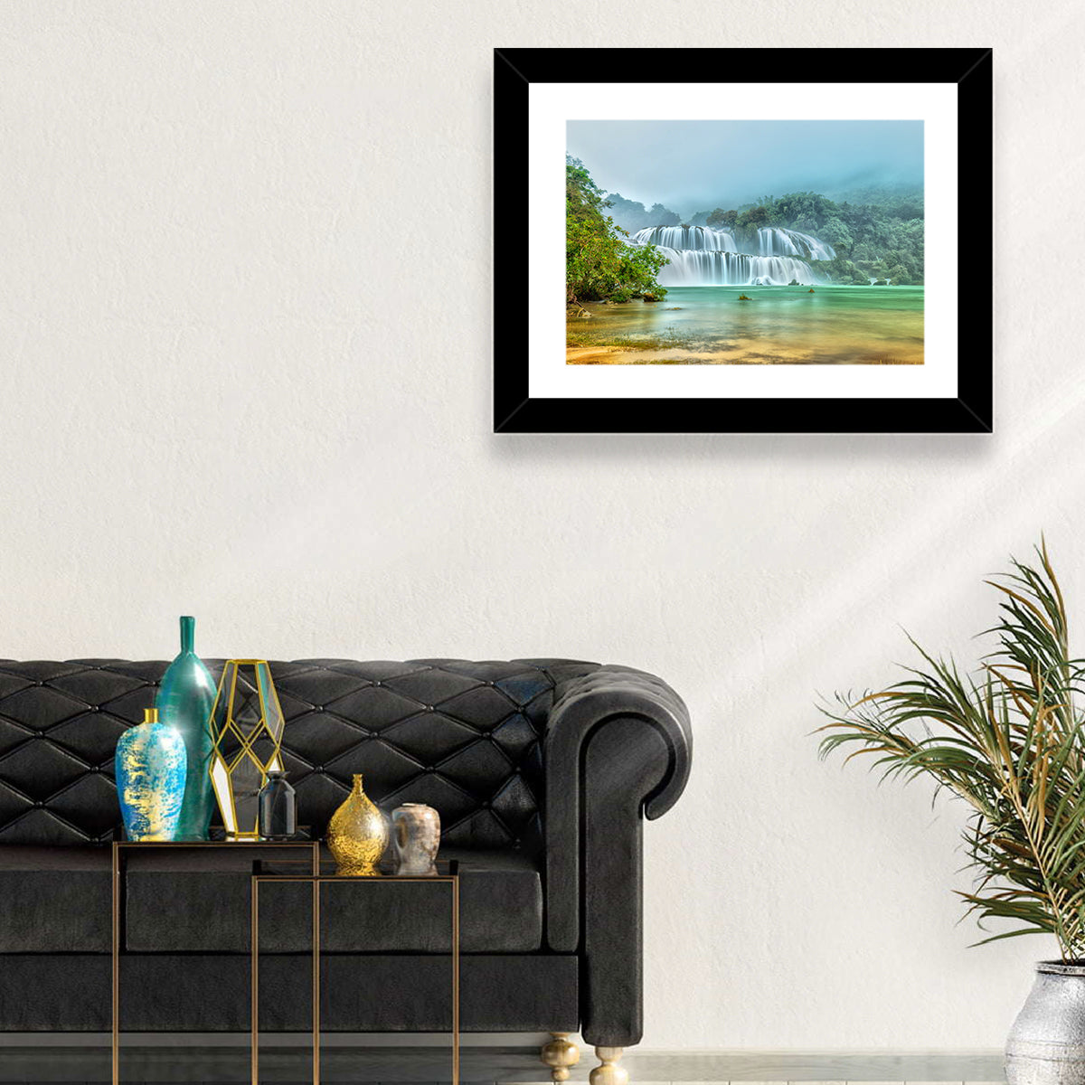 Ban Gioc Waterfalls Misty Morning Wall Art in a room, landscape