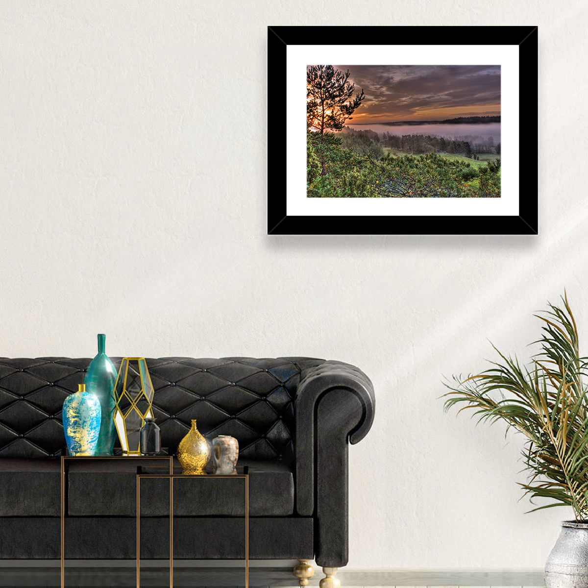 Misty Swedish Pine Valley Wall Art in a room, landscape