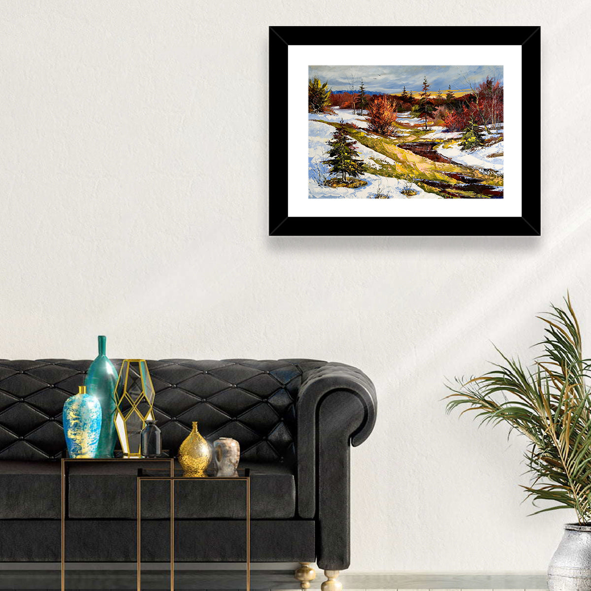 Snowy Stream Through Evergreens Wall Art