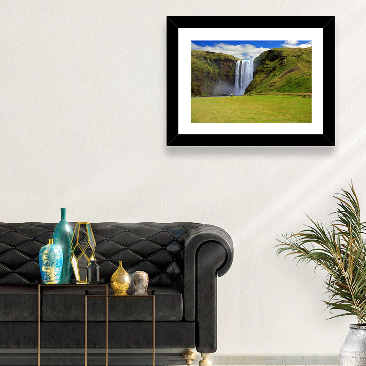 Skógafoss Waterfall Wall Art in a room, landscape