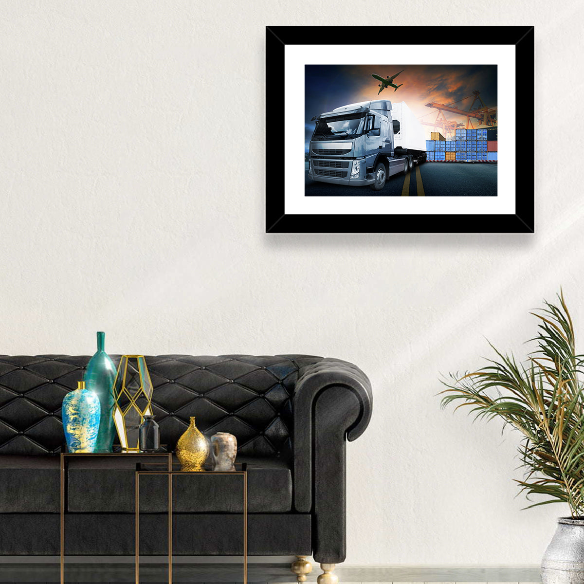 Sunset Freight Terminal Truck Scene Wall Art in a room, landscape