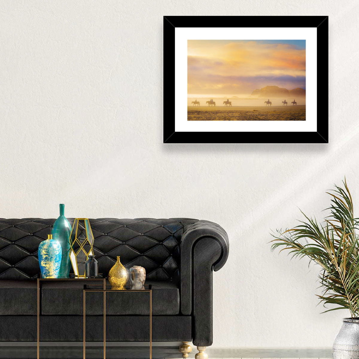 Misty Beach Horseback Riders Wall Art in a room, landscape