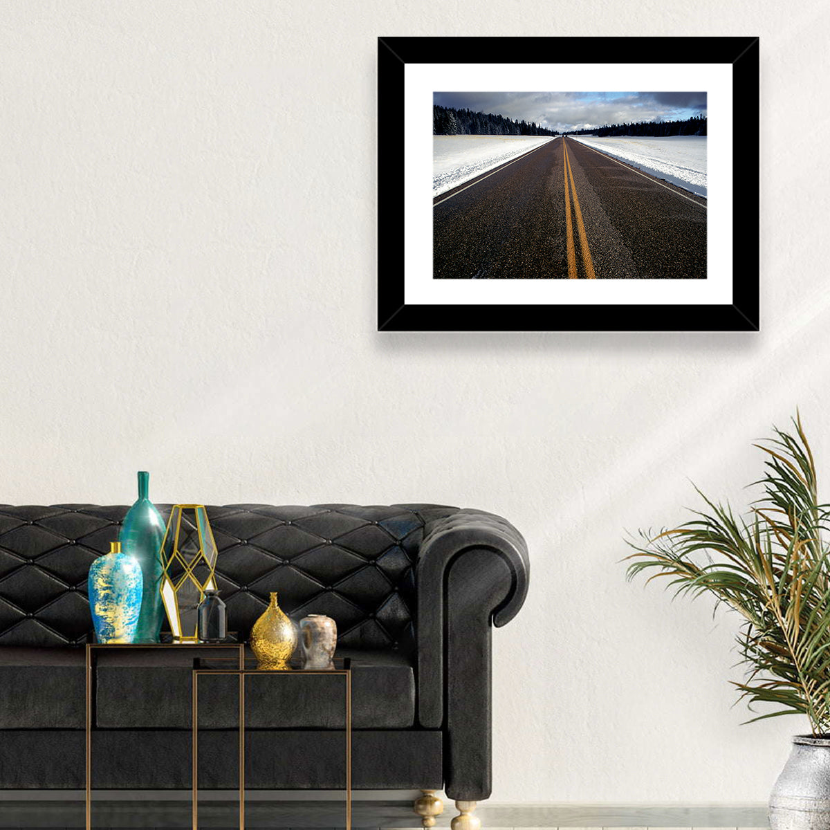 Winter Road Through Pine Forest Wall Art in a room, landscape