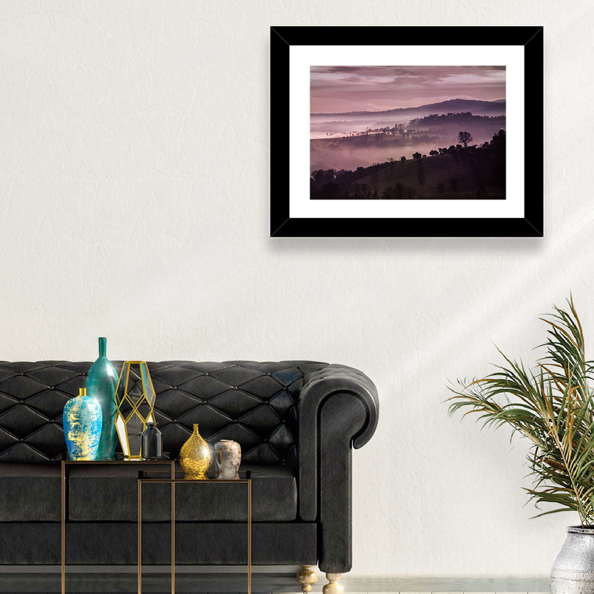 Misty Lavender Hills Wall Art in a room, landscape