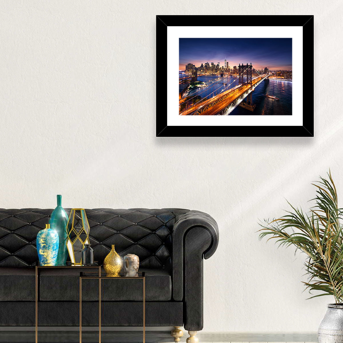 Sunset Over Manhattan Bridges Wall Art in a room, landscape