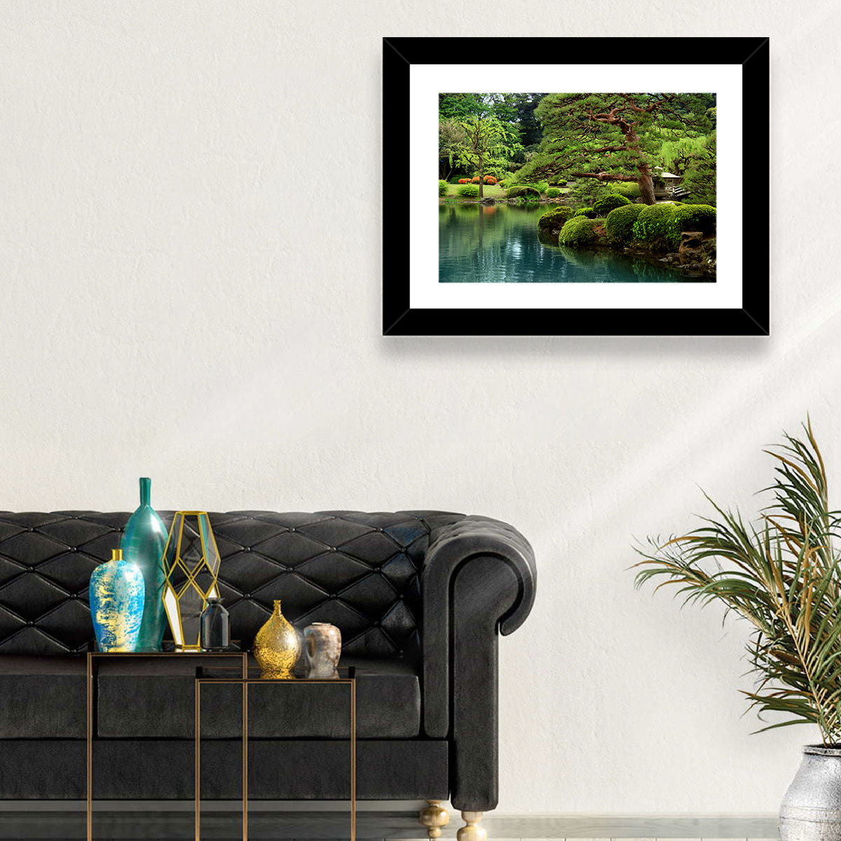 Bonsai Pine Over Tranquil Pond Wall Art in a room, landscape