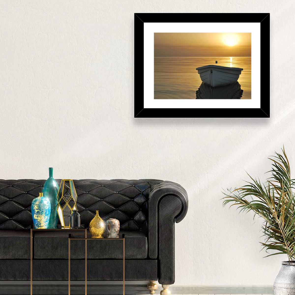 White Rowboat on Golden Sea Wall Art in a room, landscape