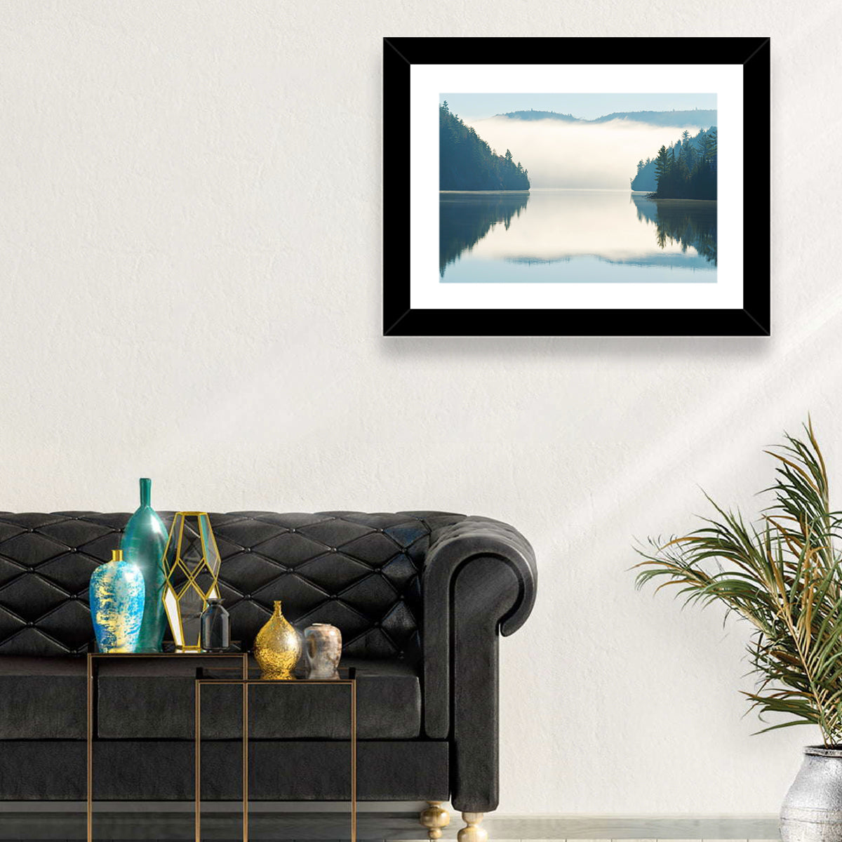 Foggy Lake Morning Wall Art in a room, landscape
