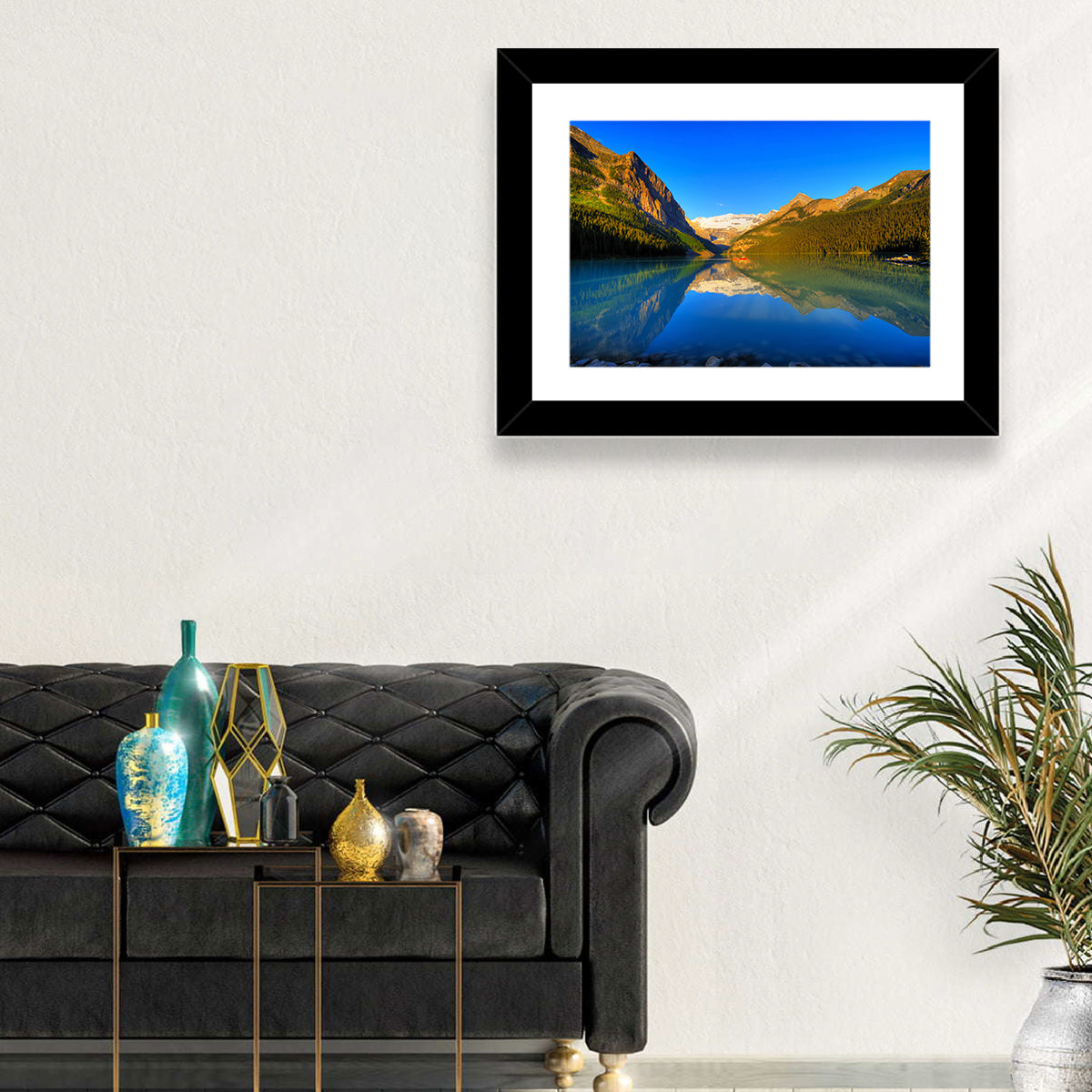 Lake Louise Canoe Reflection Wall Art in a room, landscape