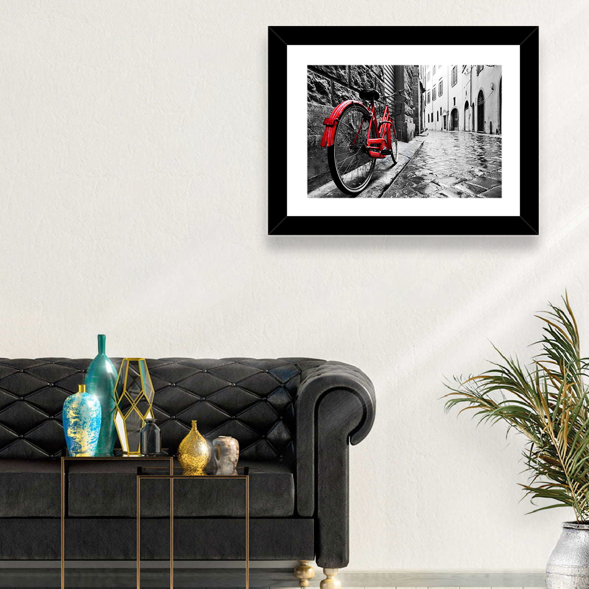 Red Bicycle on Rainy Cobblestone Street Wall Art in a room, landscape