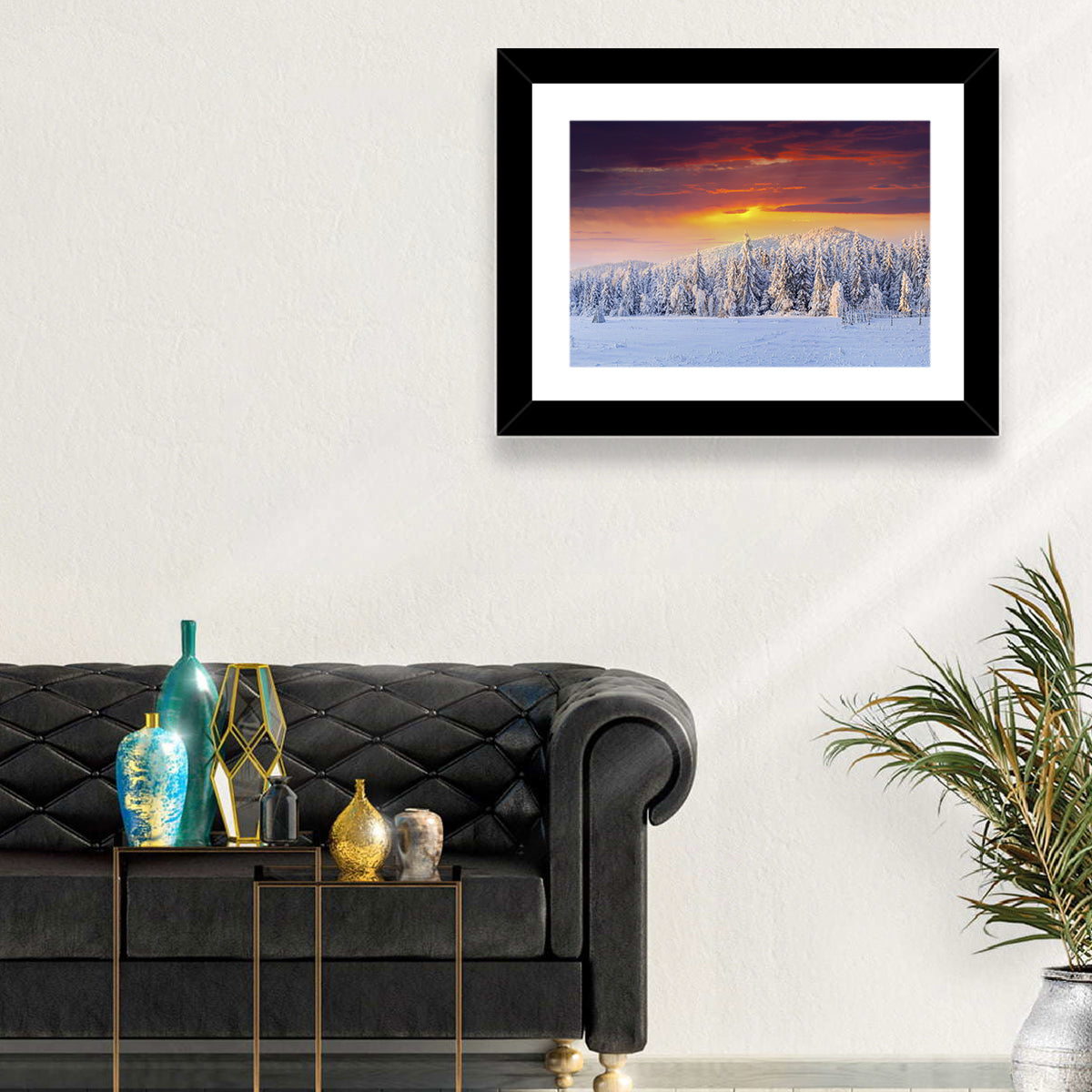 Snowy Forest Sunset Wall Art in a room, landscape