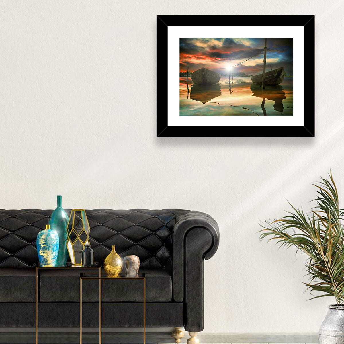 Two Wooden Boats at Sunset Wall Art in a room, landscape