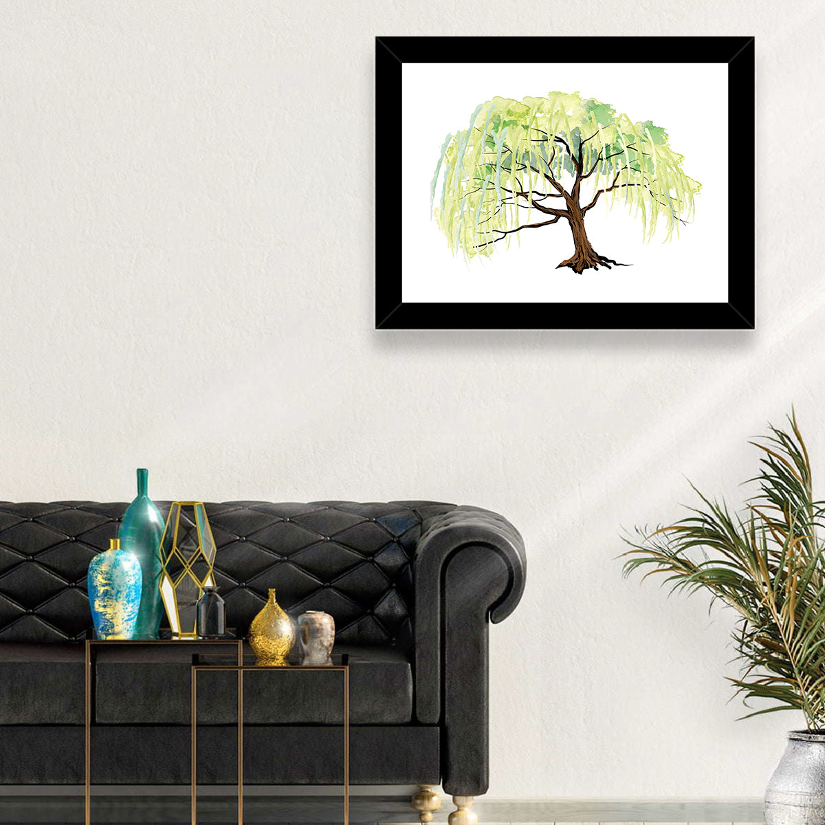 Weeping Willow Watercolor Sketch Wall Art in a room, landscape