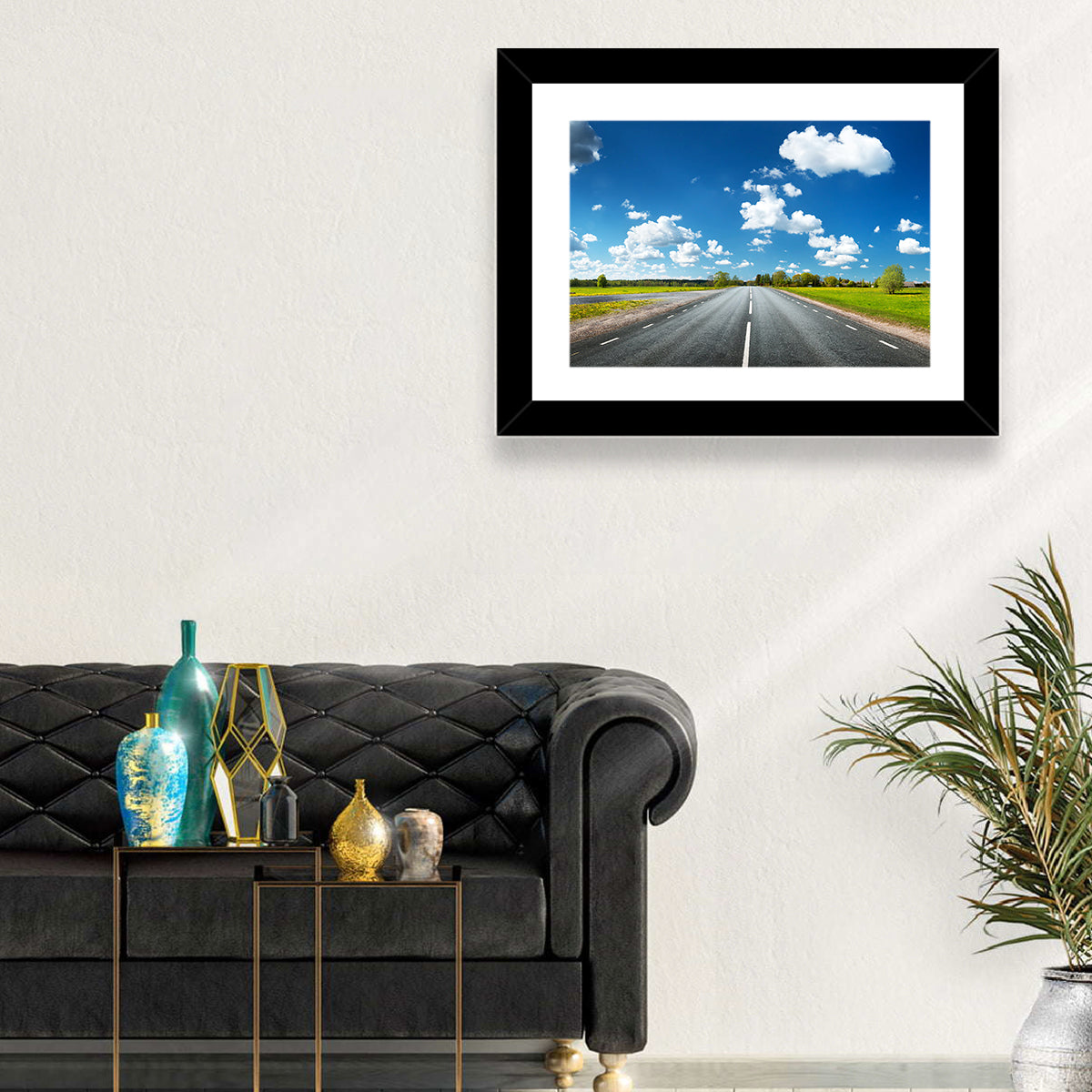 Asphalt Road Through Meadow Wall Art in a room, landscape