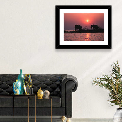 Elephants at Sunset Silhouette Wall Art