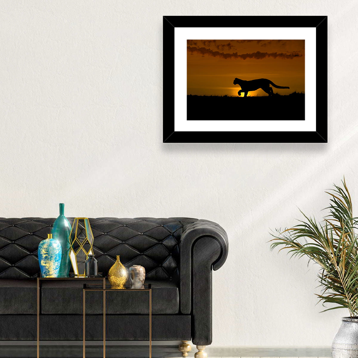 Cougar Silhouette at Sunset Wall Art in a room, landscape