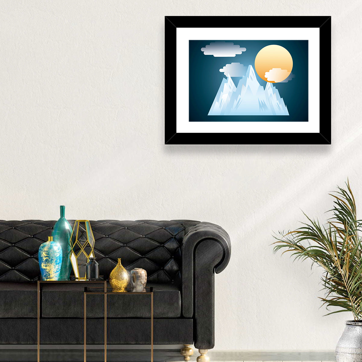 Geometric Snowy Mountain with Golden Sun Wall Art in a room, landscape