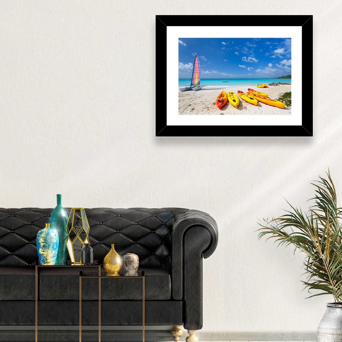 Yellow Kayaks on Tropical Beach Wall Art