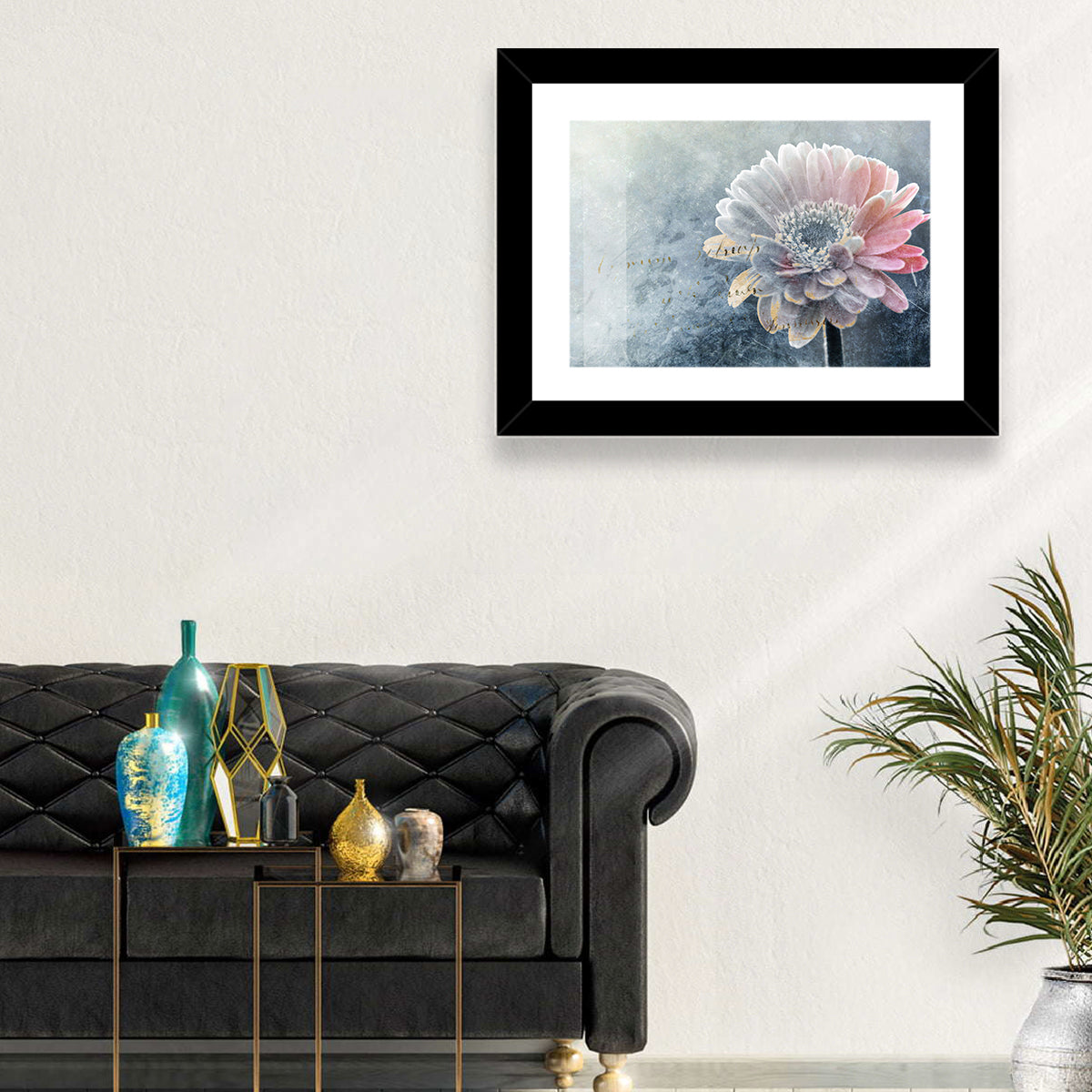 Winter Gerbera with Golden Script Wall Art in a room, landscape