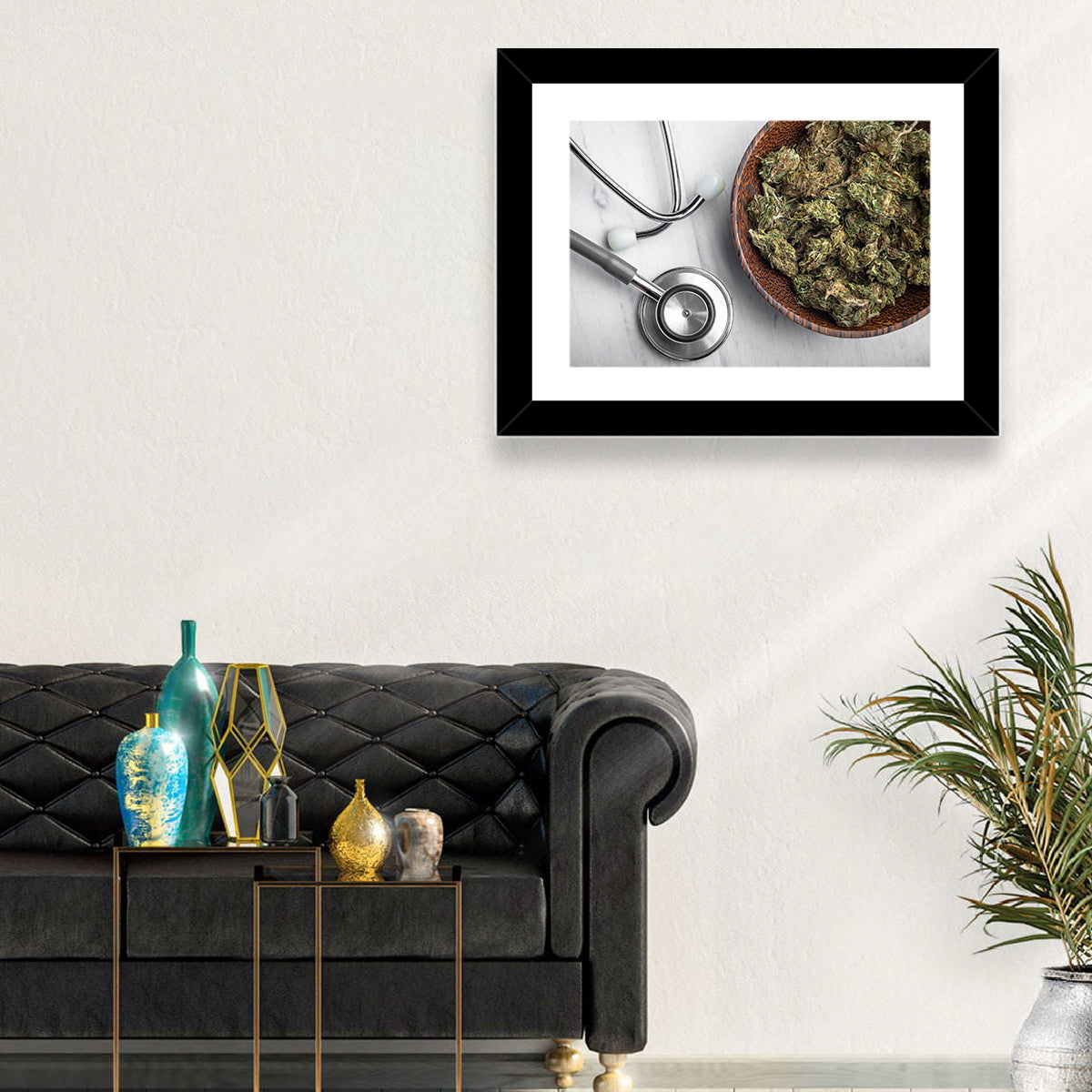 Stethoscope and Medical Cannabis Still Life Wall Art in a room, landscape