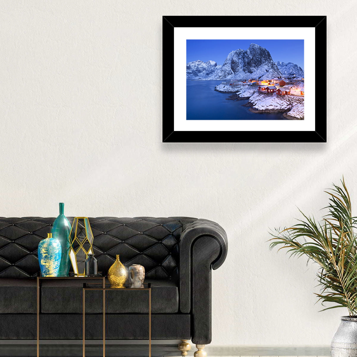 Hamnøy Red Cabins at Winter Dusk Wall Art in a room, landscape