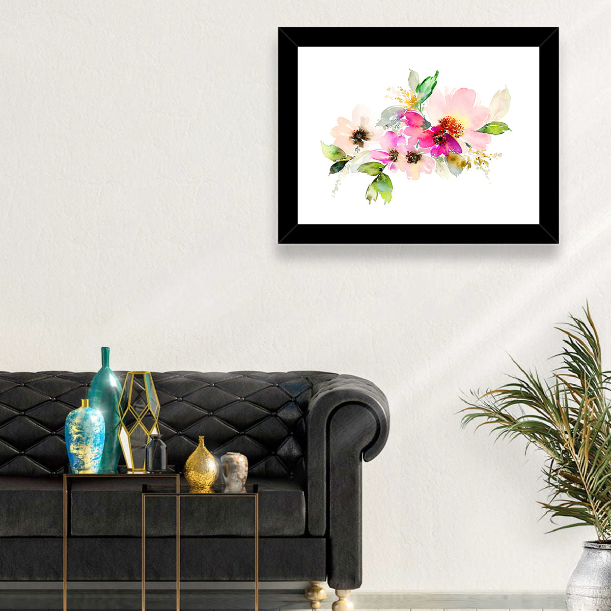 Delicate Pink Floral Watercolor Wall Art in a room, landscape