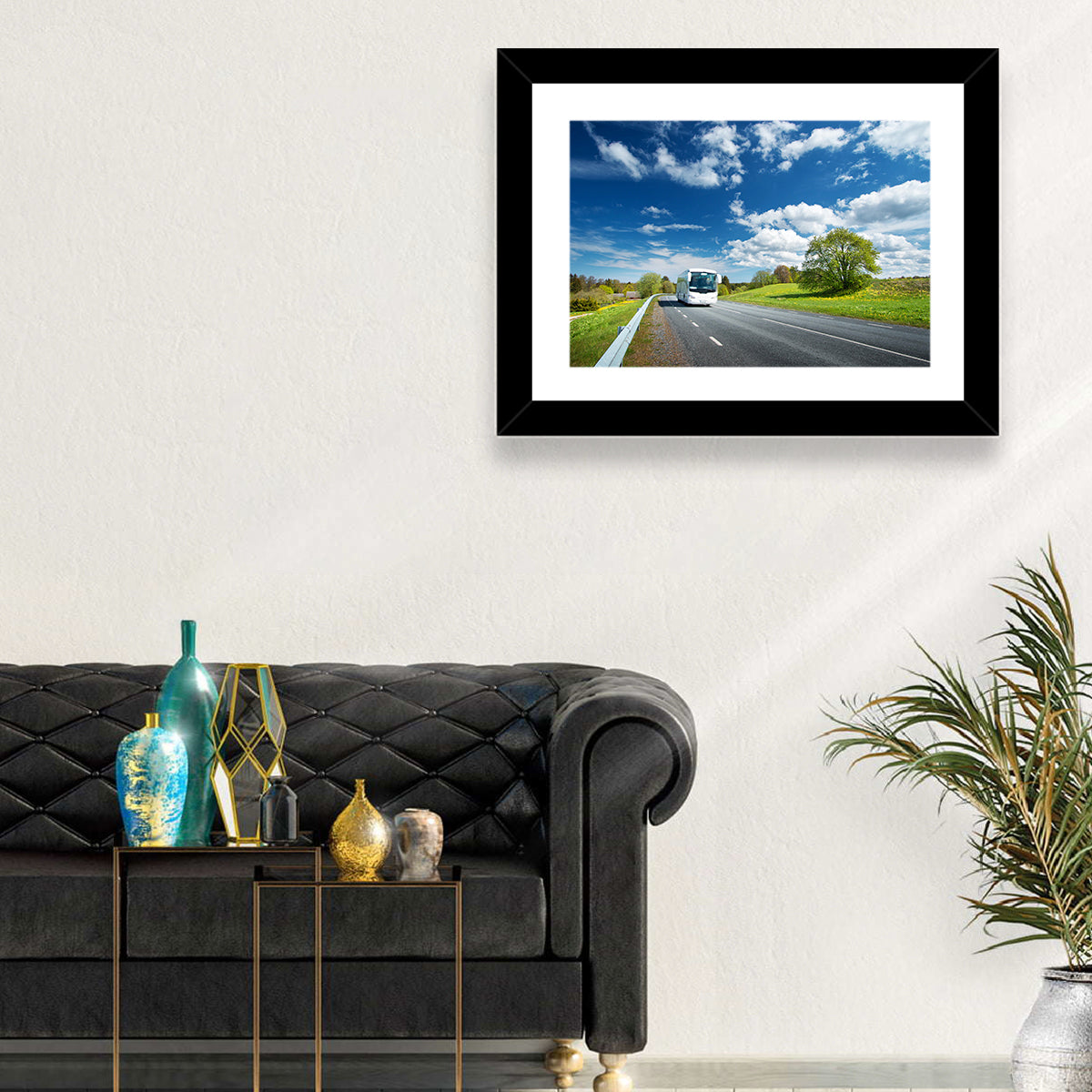 White Bus on Meadow Road Wall Art