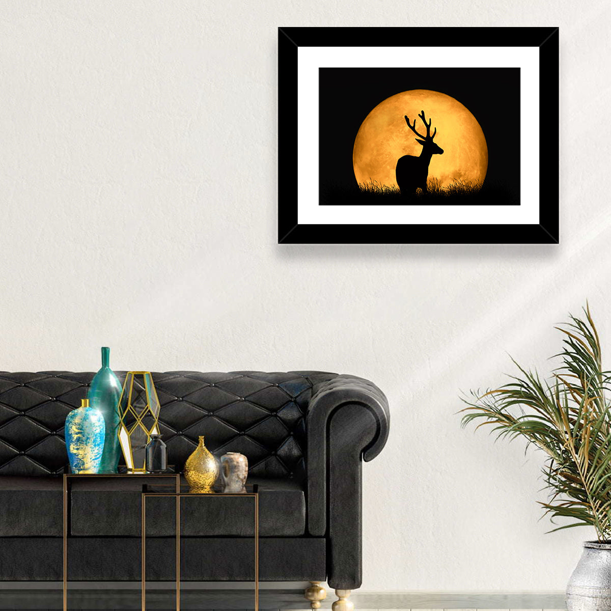 Buck Silhouette Under Red Moon Wall Art in a room, landscape