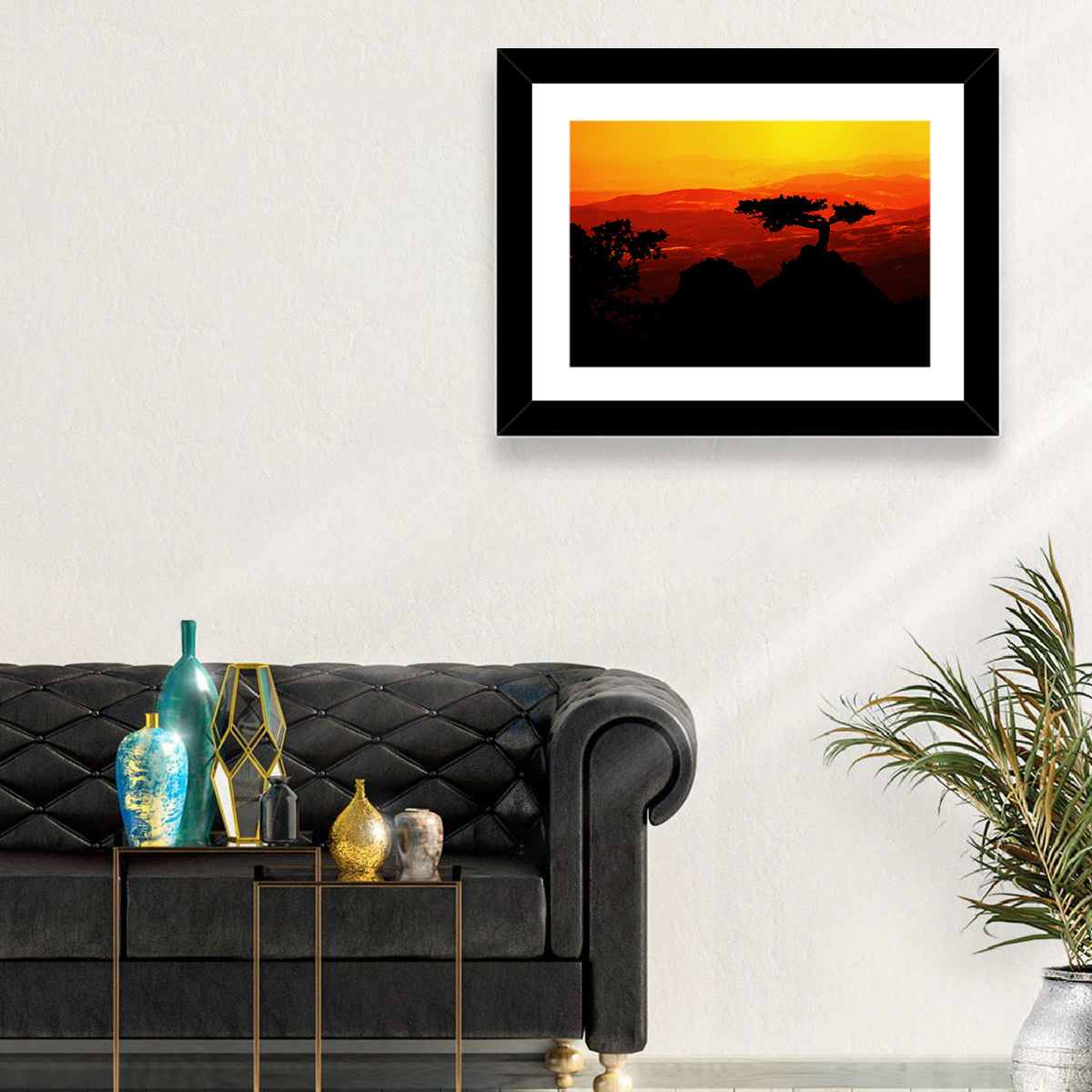 Gnarled Tree at African Sunset Wall Art in a room, landscape