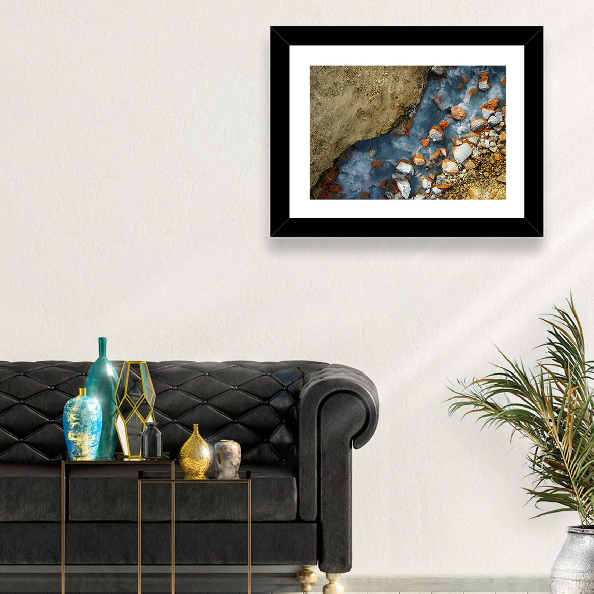 Milky Blue Geothermal Creek Wall Art in a room, landscape