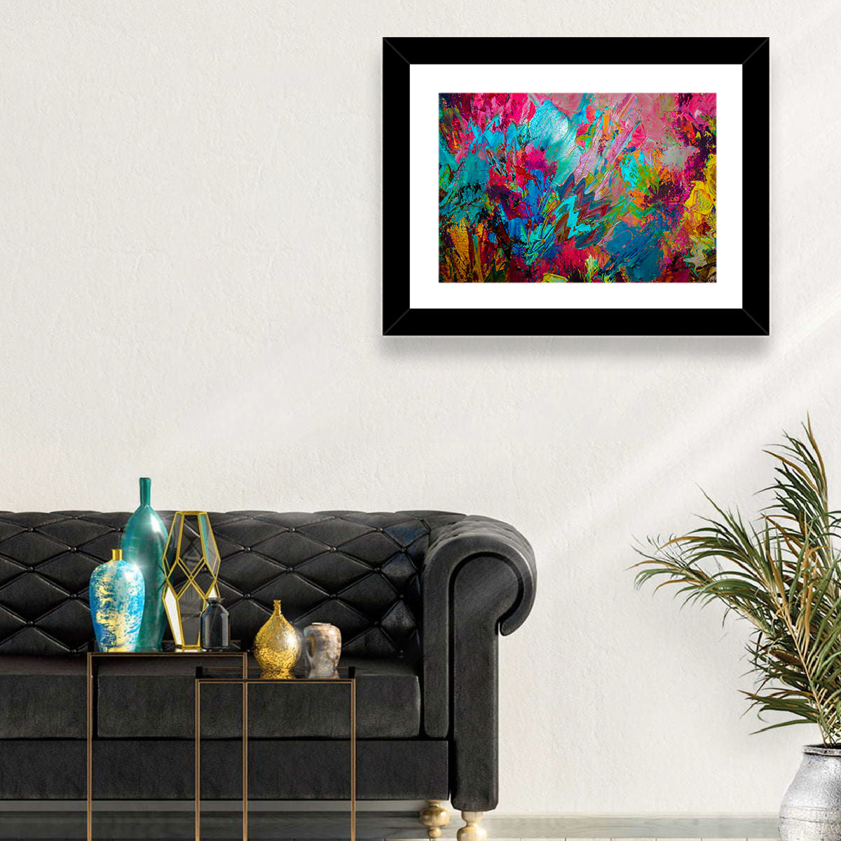 Vibrant Impasto Color Burst Abstract Wall Art in a room, landscape