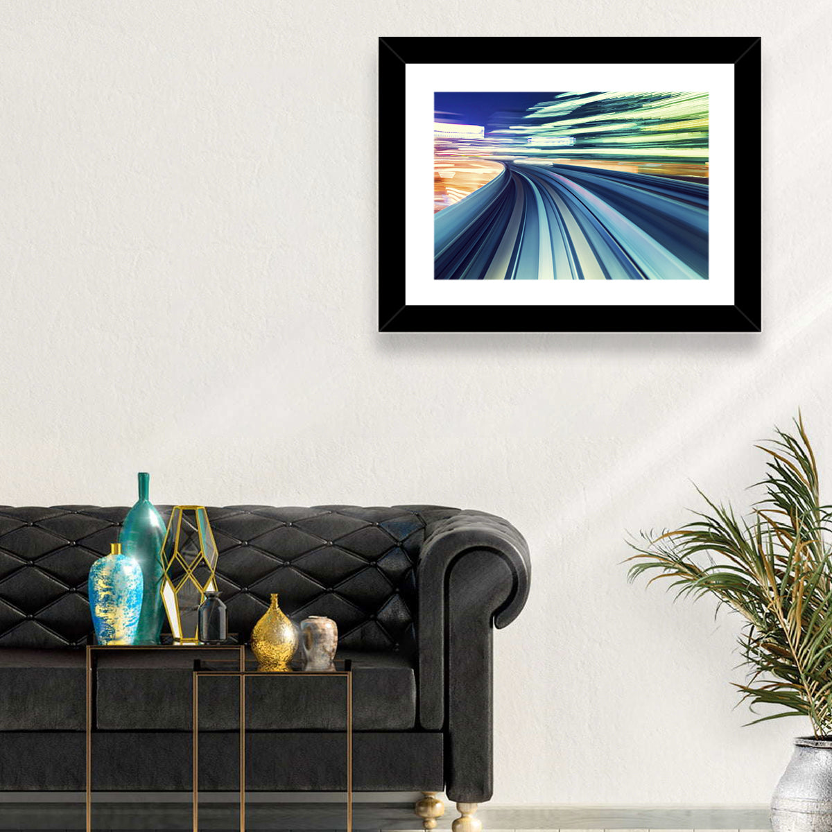 Curved Monorail Light Trails Wall Art in a room, landscape