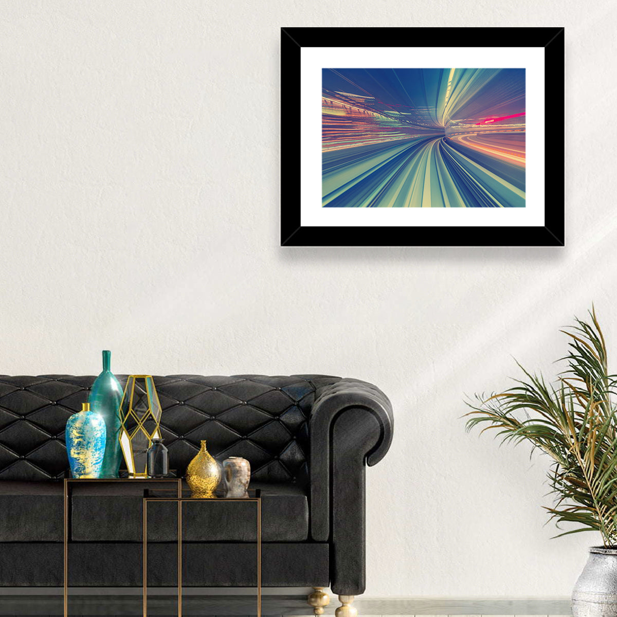 Monorail Night Light Trails Wall Art in a room, landscape