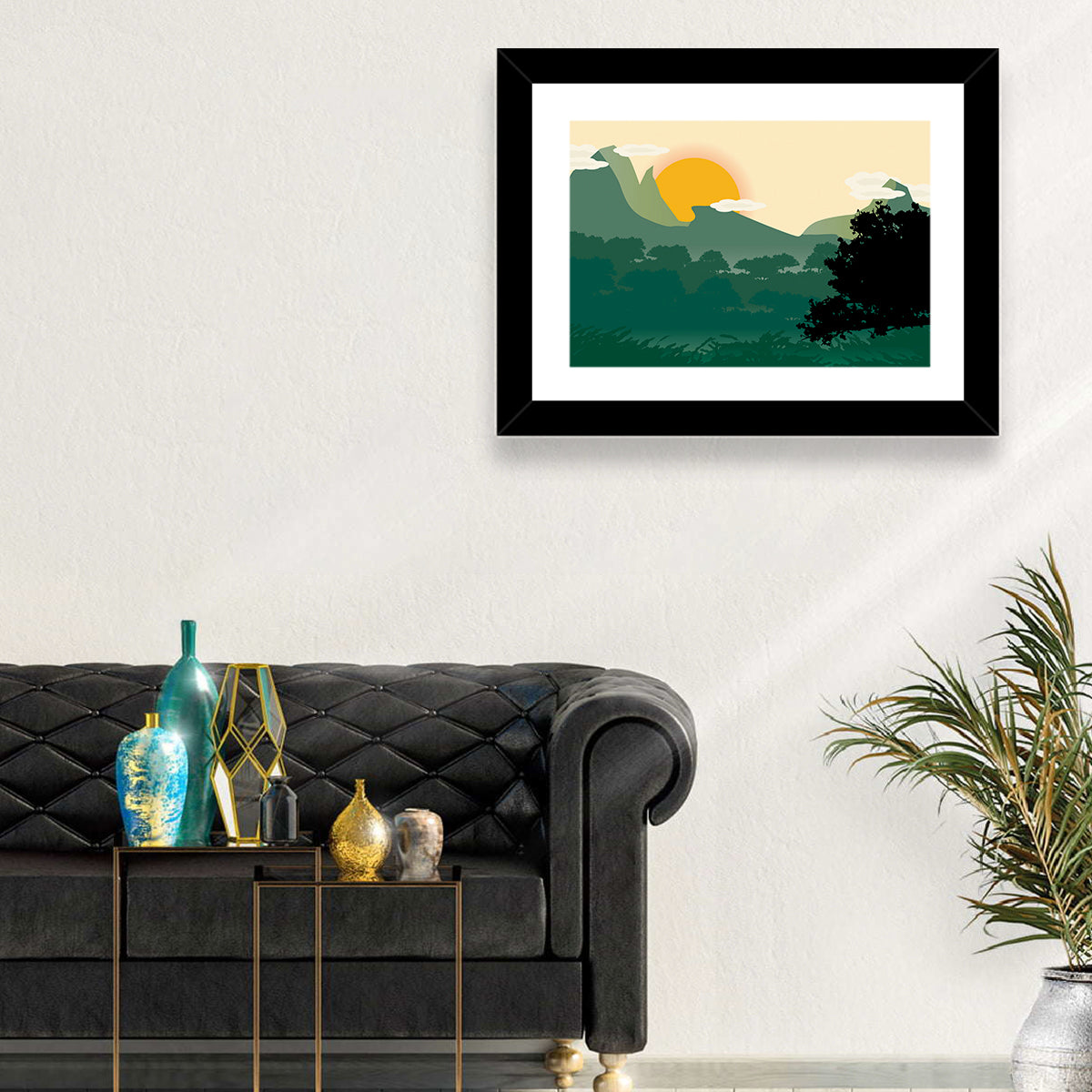 Geometric Mountain Forest Sunrise Wall Art in a room, landscape