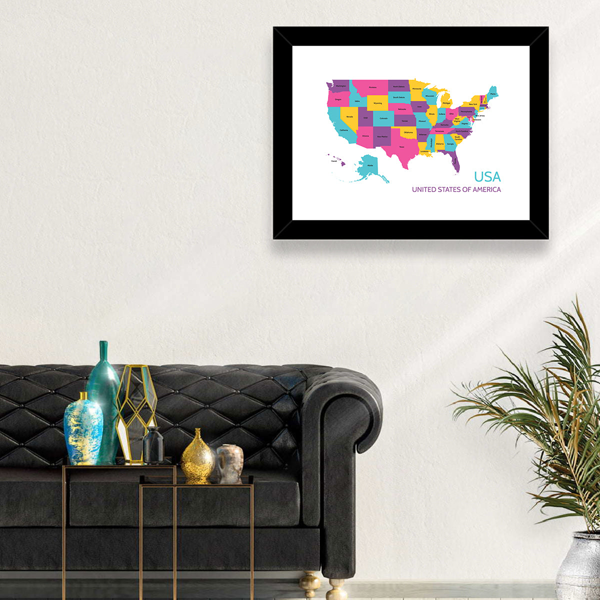 Detailed United States Map Wall Art in a room, landscape
