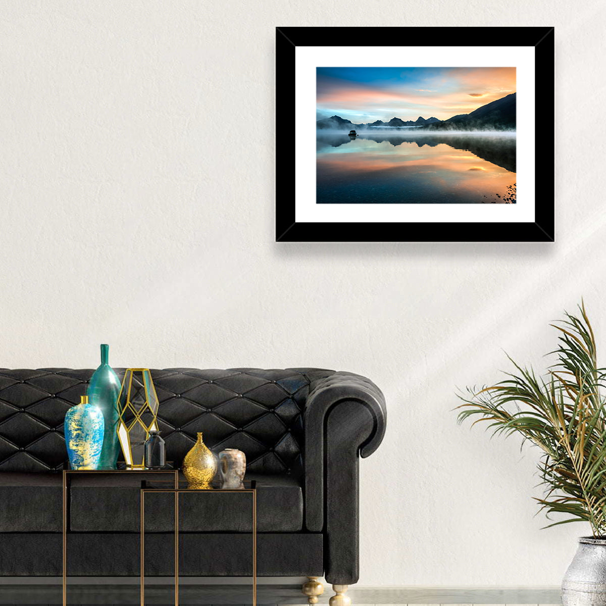 Lake Mcdonald Dawn Mist Wall Art in a room, landscape