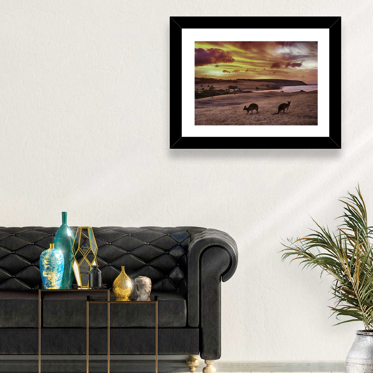 Two Kangaroos at Sunset Coast Wall Art in a room, landscape