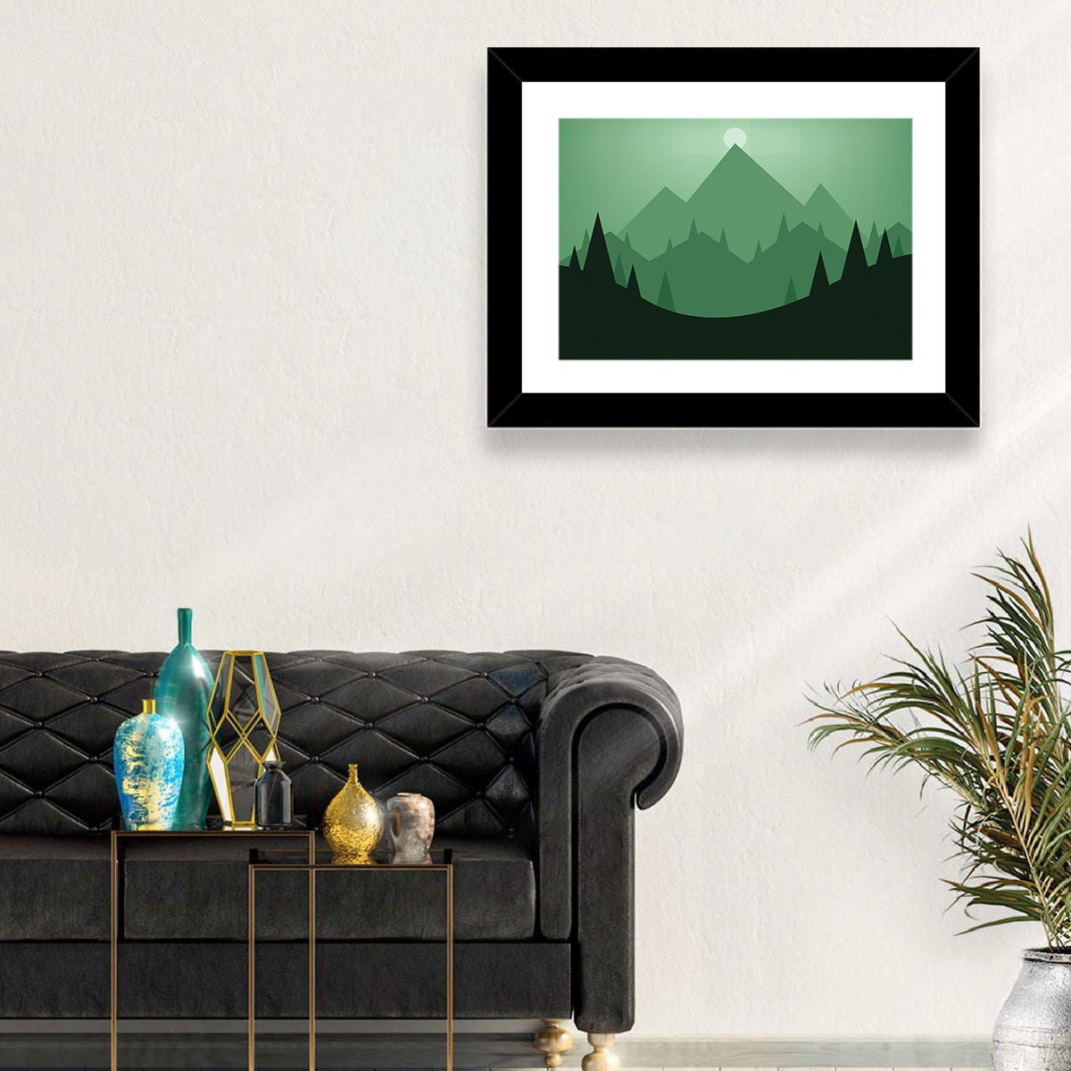 Geometric Mountain Sunset Illustration Wall Art in a room, landscape