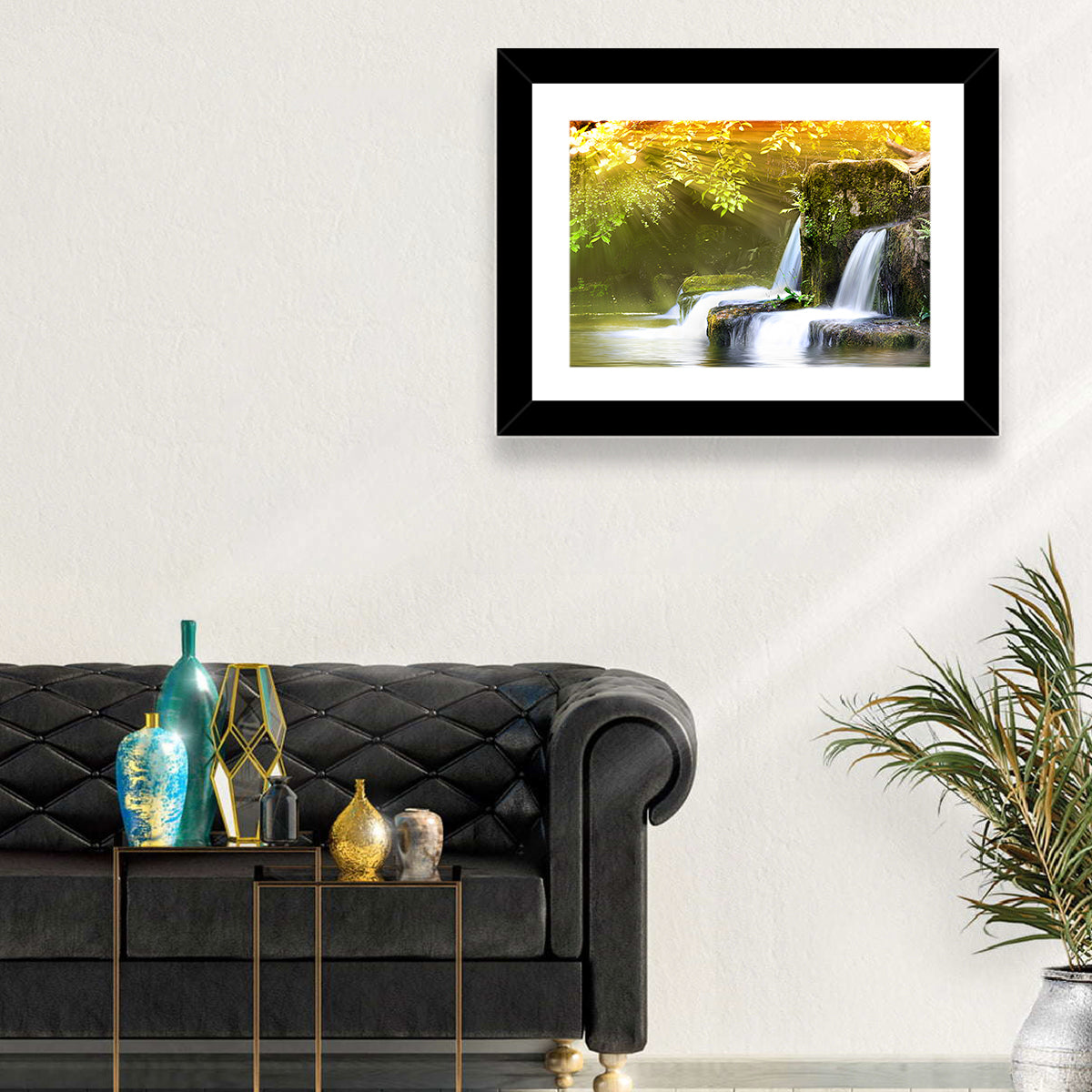 Sunlit Forest Waterfall Wall Art