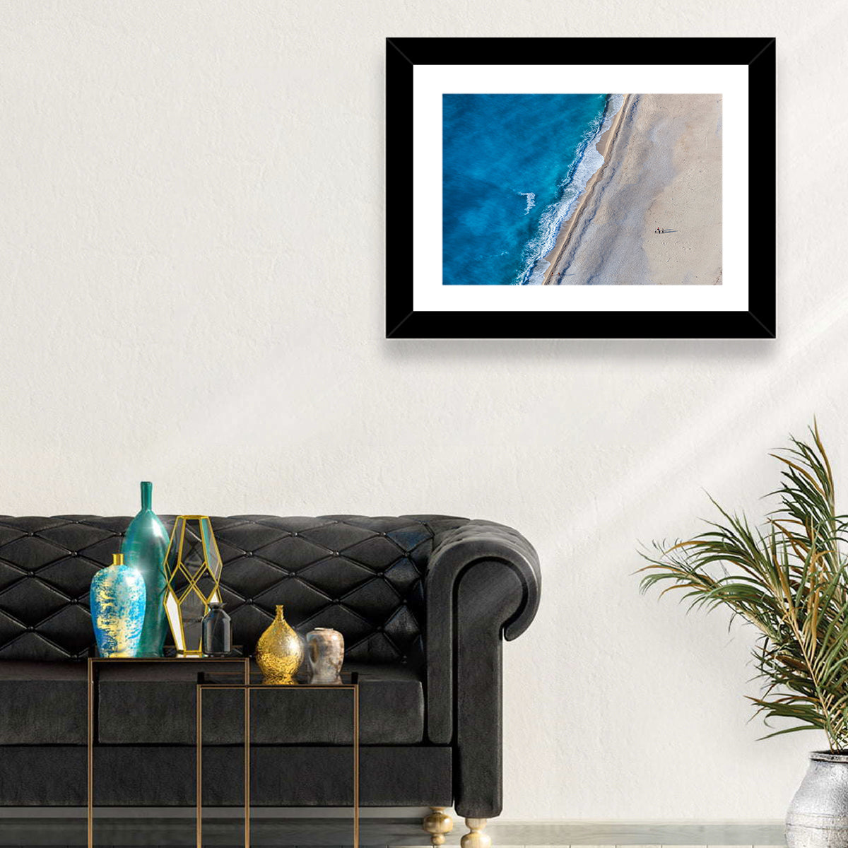 Myrtos Beach Aerial View Wall Art in a room, landscape