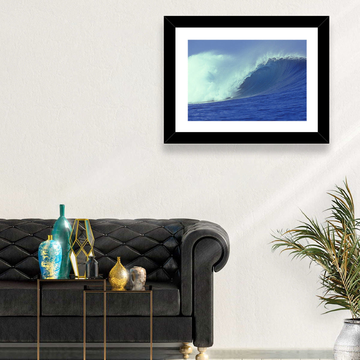 Deep Blue Barrel Wave Wall Art in a room, landscape