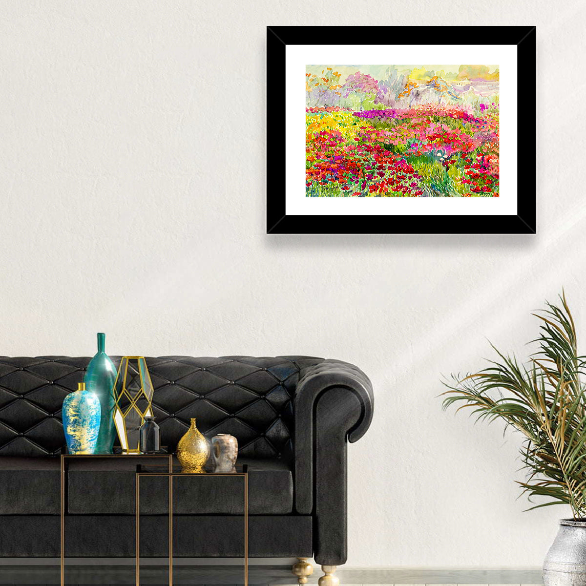 Summer Poppy Meadow Watercolor Wall Art in a room, landscape